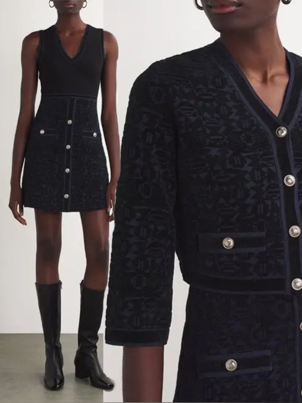 Maje Velvet Jacquard Navy Blue Dress & Cardigan Set FR 36 US S